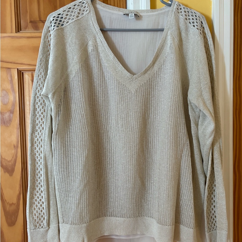 Lucky Brand Light Tan V-Neck Sweater with Lace Accents